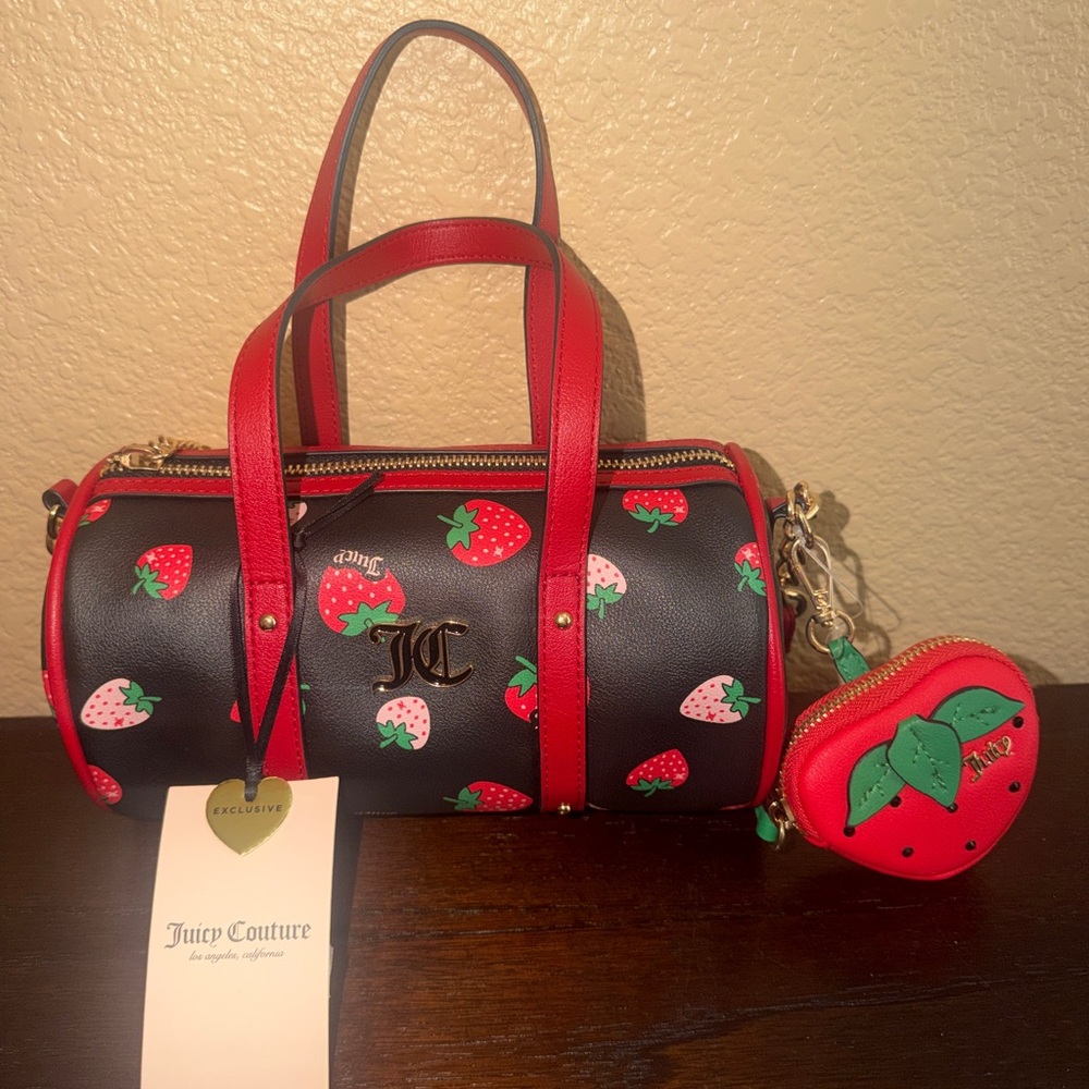 Juicy Couture Black Barrel Bag with Red Strawberry Print